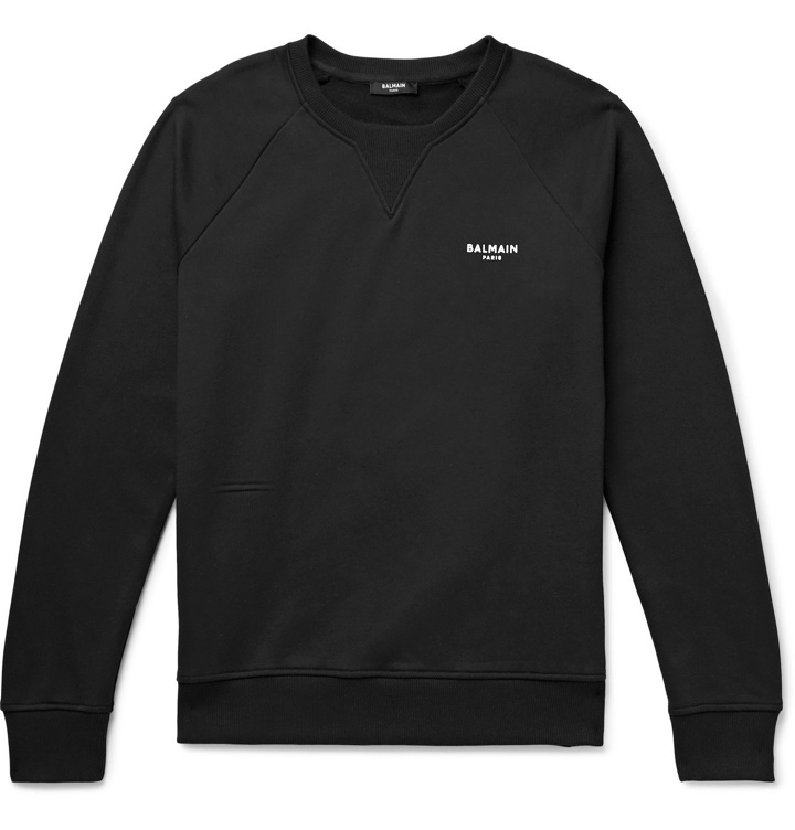 Photo: BALMAIN - Logo-Flocked Loopback Cotton-Jersey Sweatshirt - Black