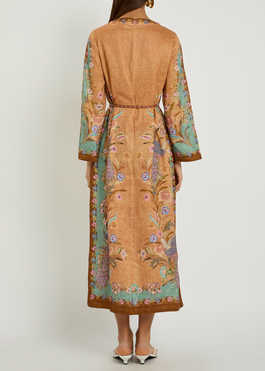 Zimmermann Indra Belted Printed Linen Midi Tunic Dress Tan