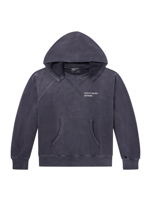 Photo: Enfants Riches Déprimés - Cropped Logo-Print Distressed Cotton-Jersey Hoodie - Black