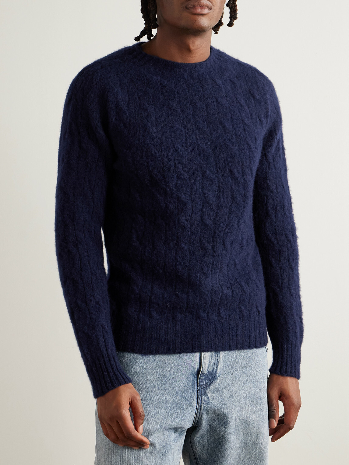Drake's - Cable-Knit Brushed Shetland Wool Sweater - Blue