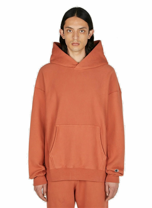 Photo: Champion - Logo Embroidered Hooded Sweatshirt in Brown