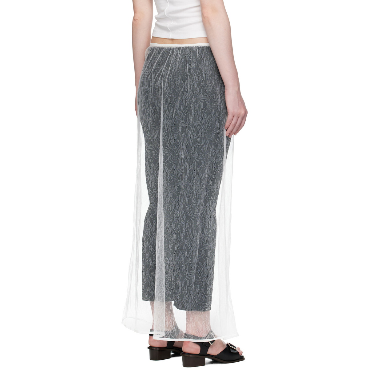 AMOMENTO White Sheer Lace Long Maxi Skirt