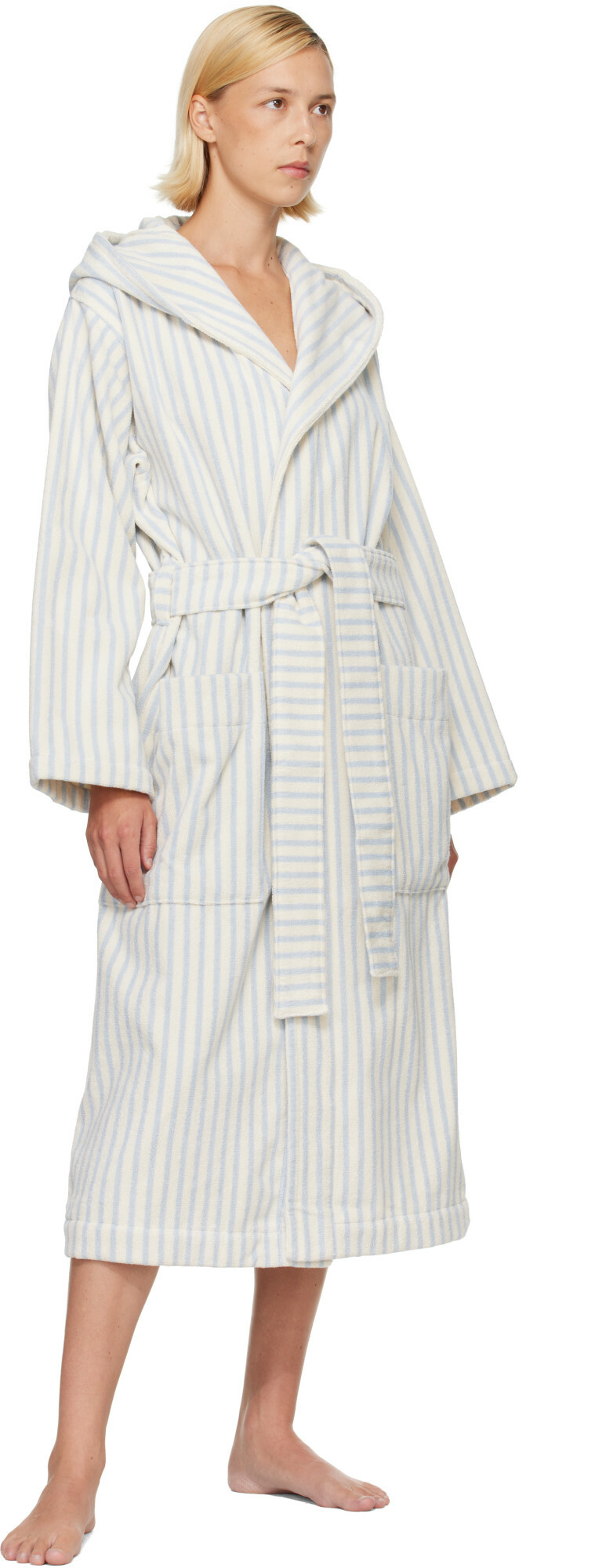 Tekla White & Blue Terry Hooded Bathrobe