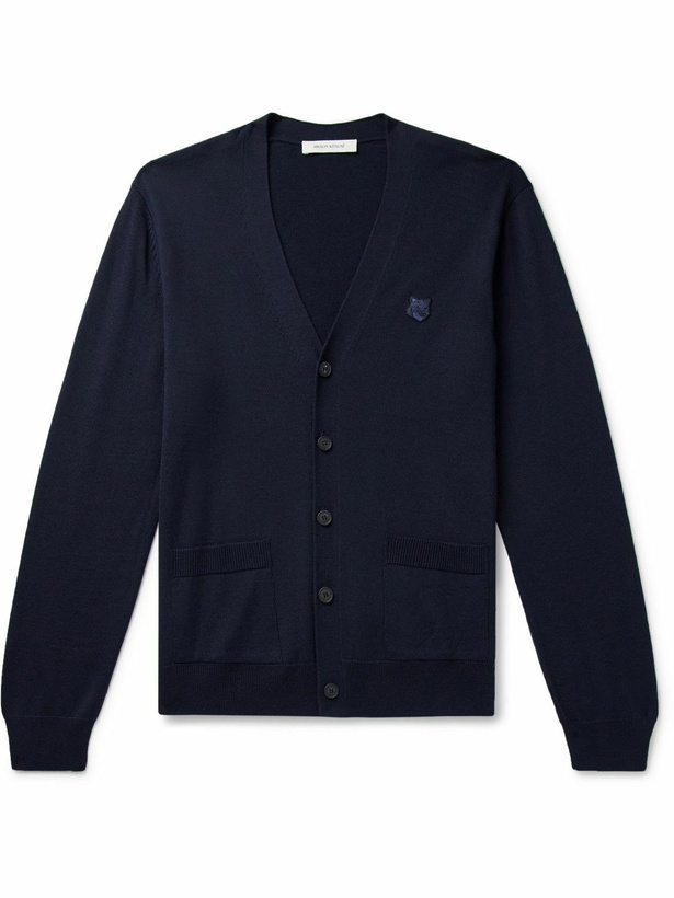 Photo: Maison Kitsuné - Slim-Fit Logo-Appliquéd Wool Cardigan - Blue