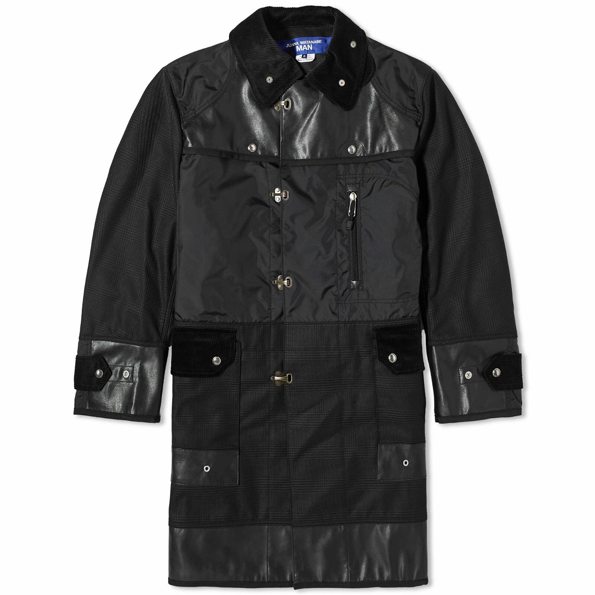 Photo: Junya Watanabe MAN Men's Nylon Oxford & Synthetic Leather Overcoat in Black/Black