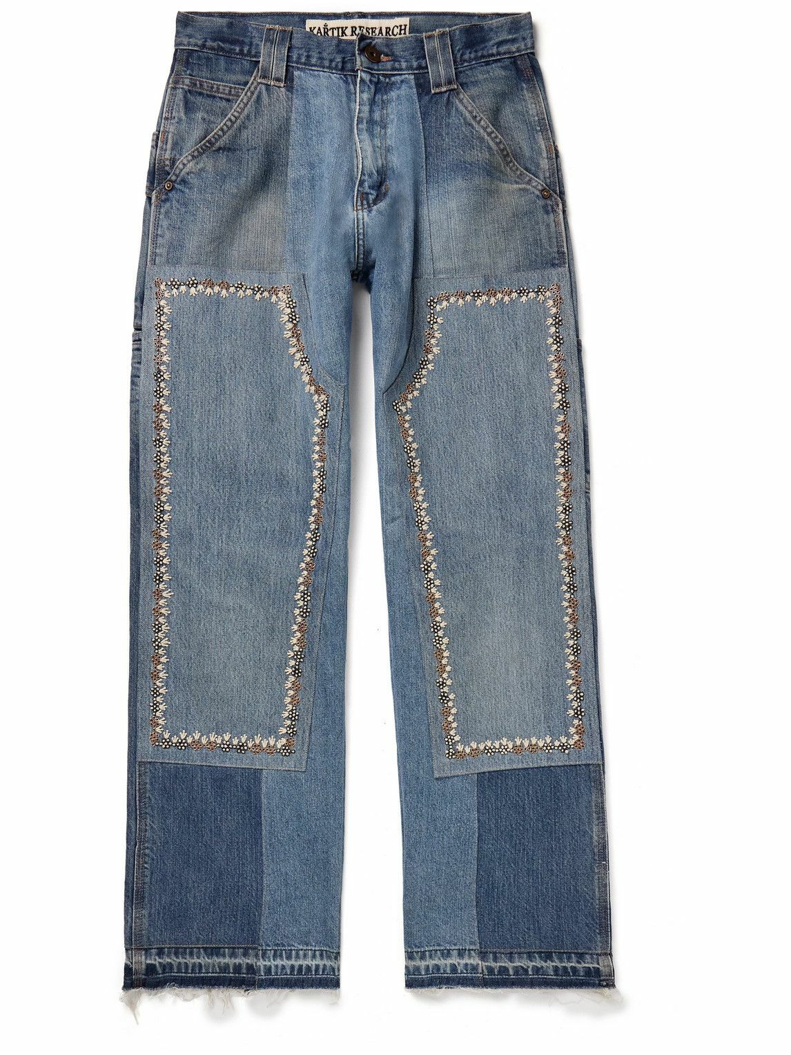 Kartik Research - Straight-Leg Patchwork Embellished Upcycled Jeans - Blue