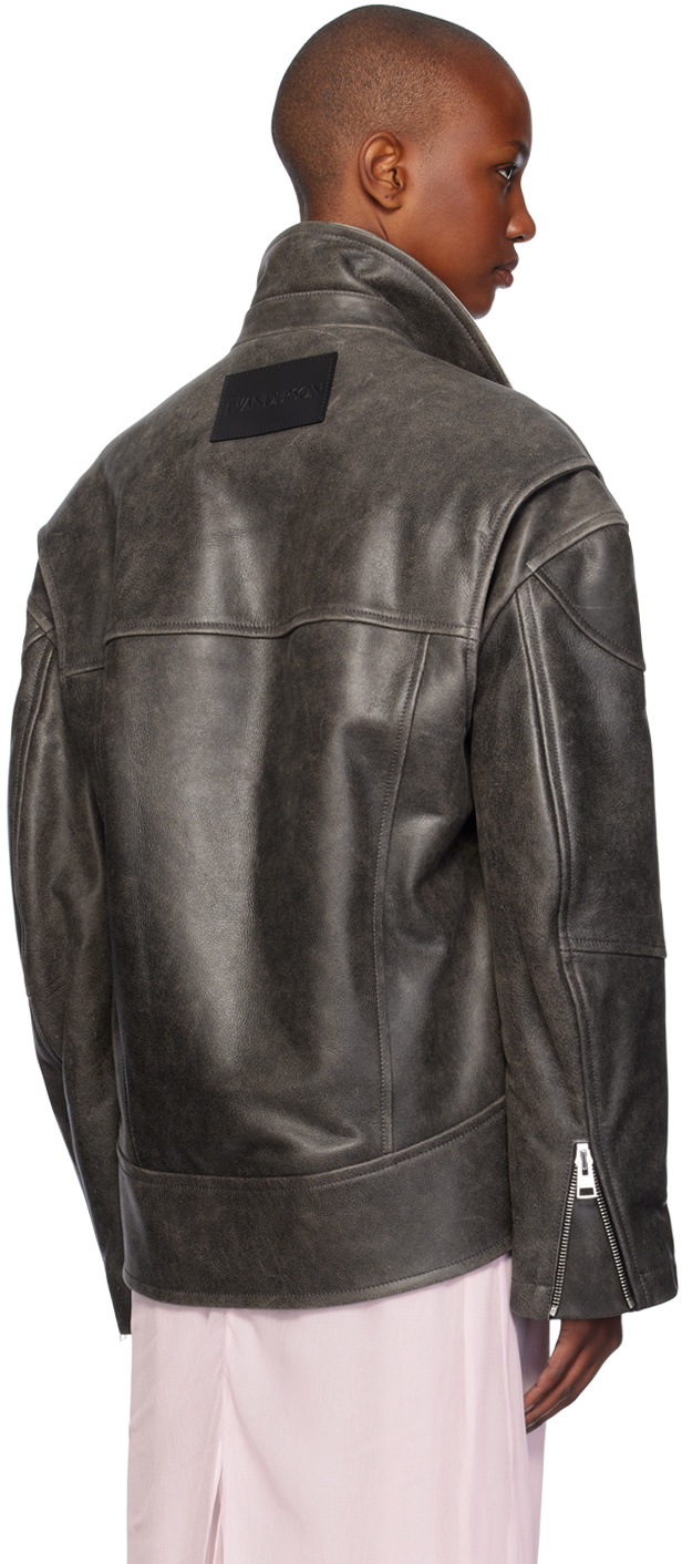 JW Anderson Gray Curved Hem High Neck Leather Jacket JW Anderson