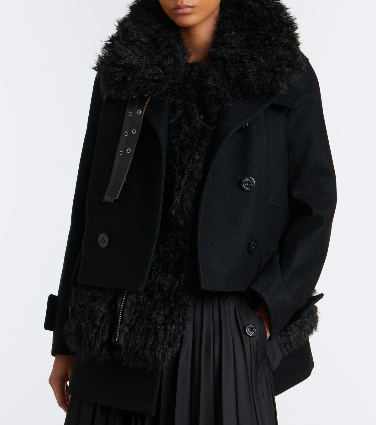 Sacai Layered leather-trimmed wool coat
