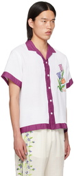 HARAGO White & Purple Cross-Stitched Shirt