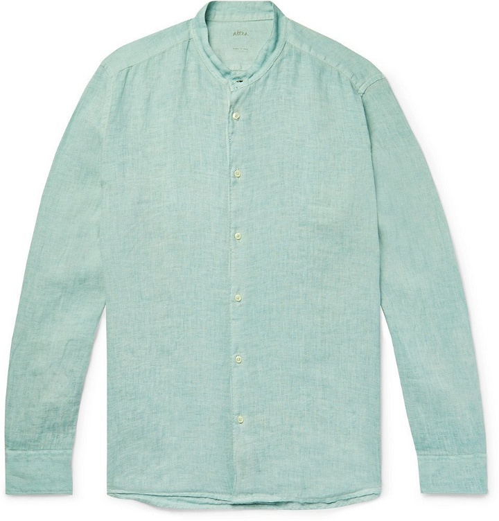 Photo: Altea - Brent Grandad-Collar Garment-Dyed Linen Shirt - Green