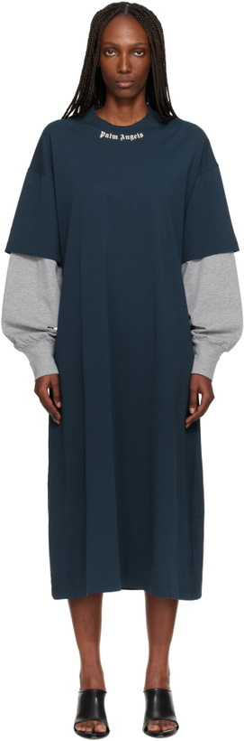 Photo: Palm Angels Navy Curved Logo Layered Maxi Dress