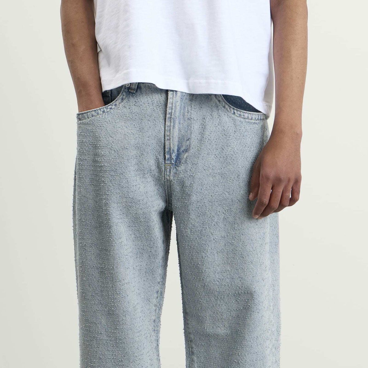 MKI Men's Twisted Weave Wide Leg Jeans in Bleach Wash