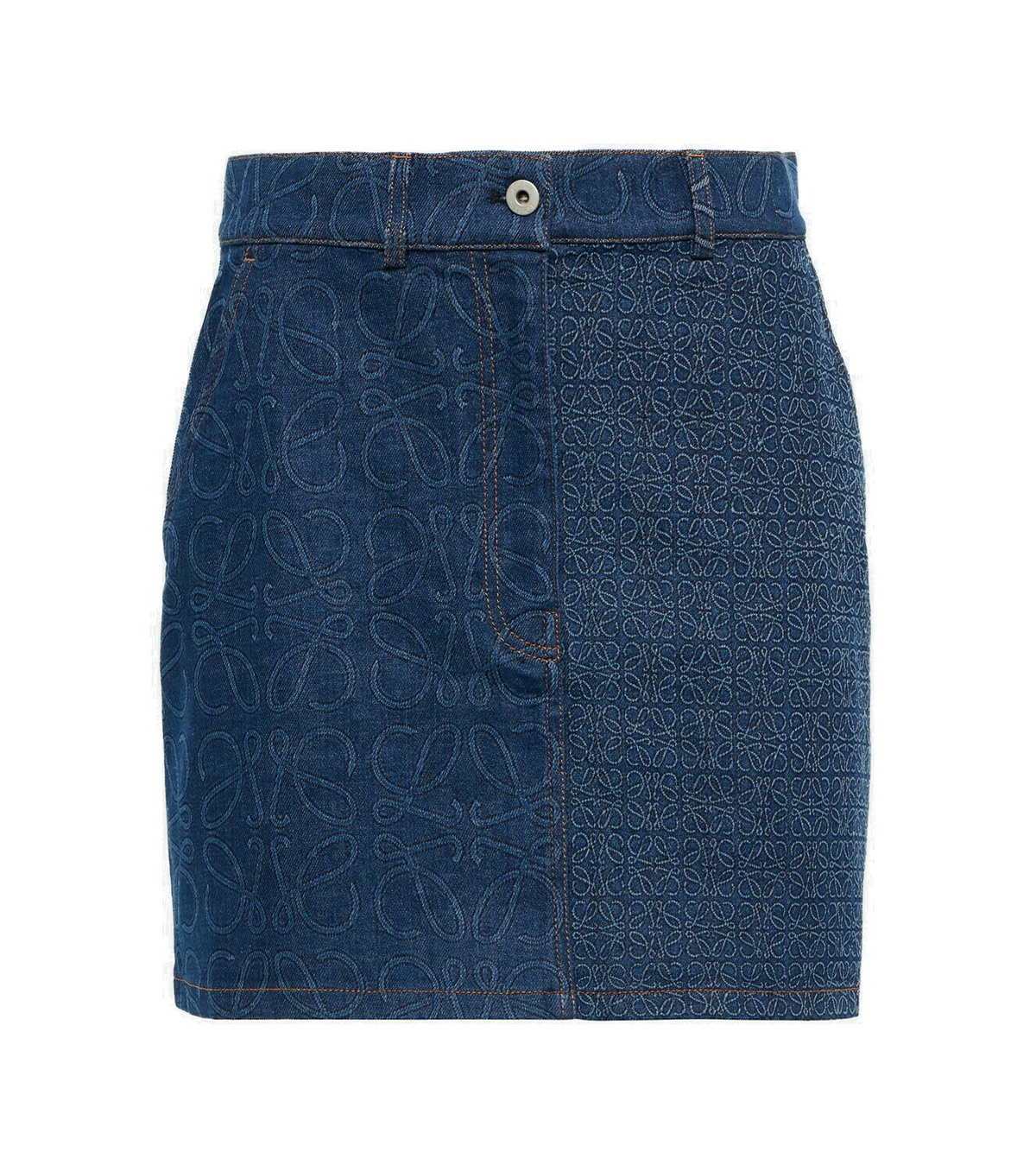 LOEWE Anagram leather-trimmed denim miniskirt スカート ロゴ Anagram leather-trimmed denim miniskirt in blue - Loewe
