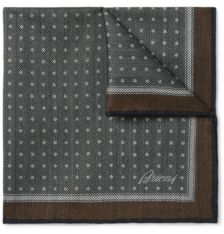 Photo: Brioni - Polka-Dot Herringbone Wool and Silk-Blend Pocket Square - Gray
