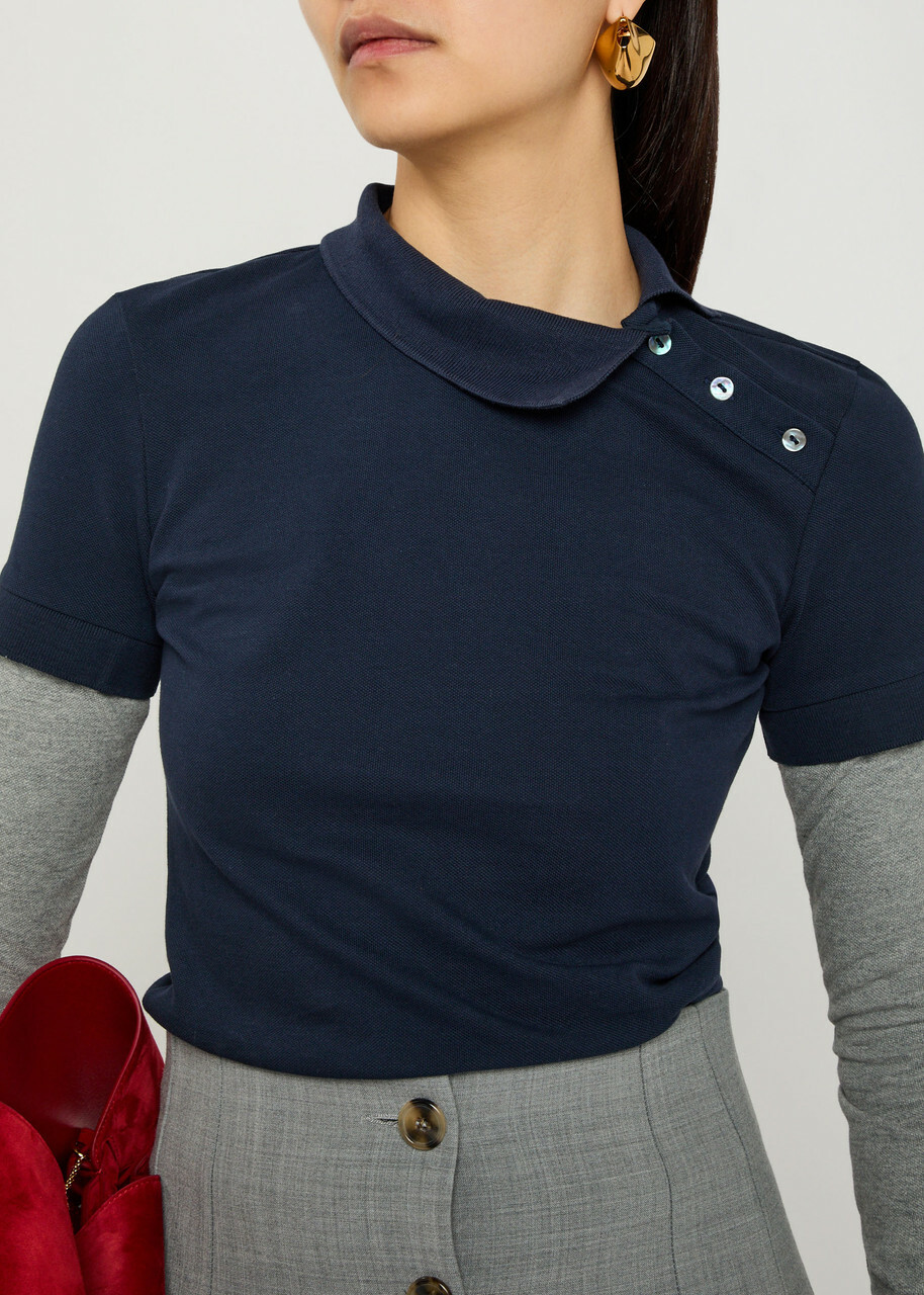 A.W.A.K.E Mode Asymmetric-collar Layered Piqué Cotton Polo Shirt Navy