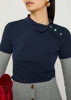 A.W.A.K.E Mode Asymmetric-collar Layered Piqué Cotton Polo Shirt Navy