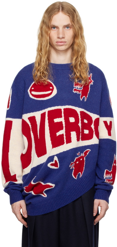 Photo: Charles Jeffrey LOVERBOY Blue & Red Topsy Turvy Loverboy Logo Sweater