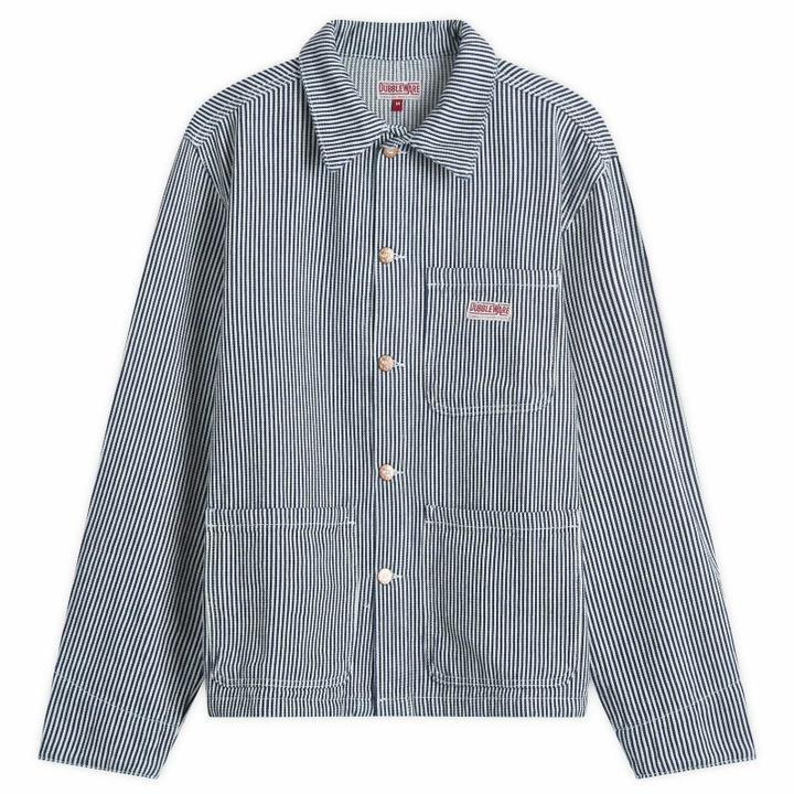 Photo: Dubbleware Men's Amherst Hickory Stripe Chore Jacket in White/Indigo