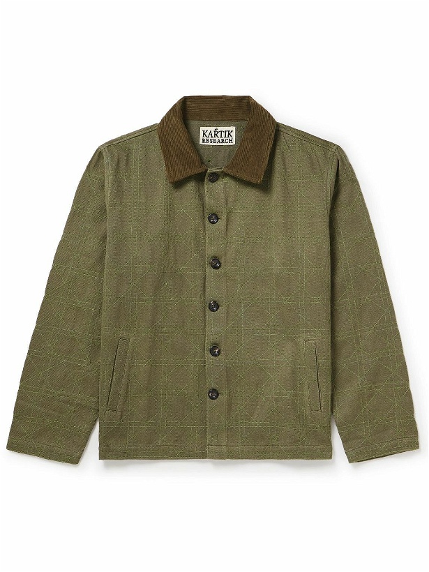 Photo: Kartik Research - Cropped Corduroy-Trimmed Embroidered Cotton-Canvas Jacket - Green