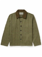 Kartik Research - Cropped Corduroy-Trimmed Embroidered Cotton-Canvas Jacket - Green