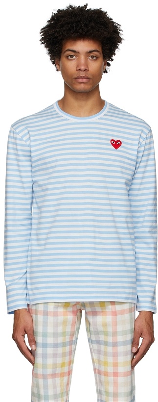 Photo: COMME des GARÇONS PLAY Blue & White Striped Heart Patch Long Sleeve T-Shirt