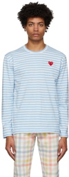 COMME des GARÇONS PLAY Blue & White Striped Heart Patch Long Sleeve T-Shirt