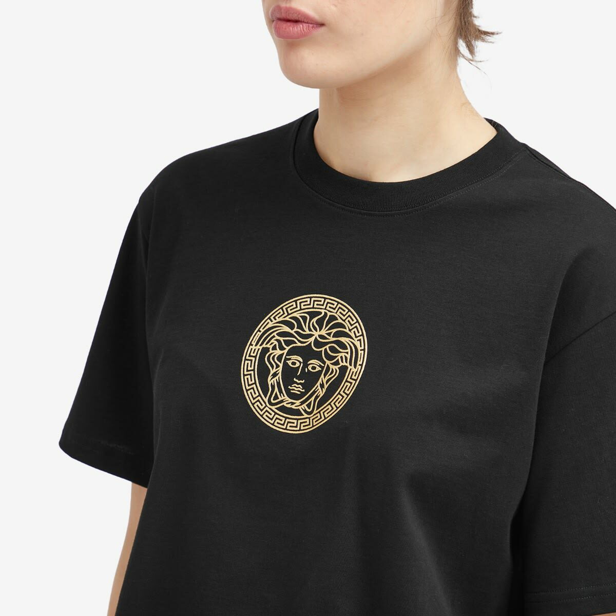 Versace Women's Logo Crop T-Shirt in Black/Gold Versace Versace Women's Logo Crop T-Shirt in Black/Gold Versace