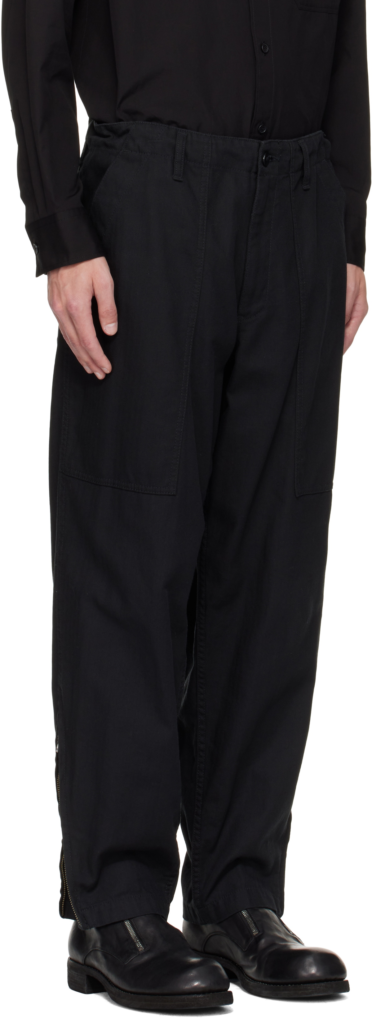 YOHJI YAMAMOTO Black BS Herringbone Hem Zip Painter Trousers