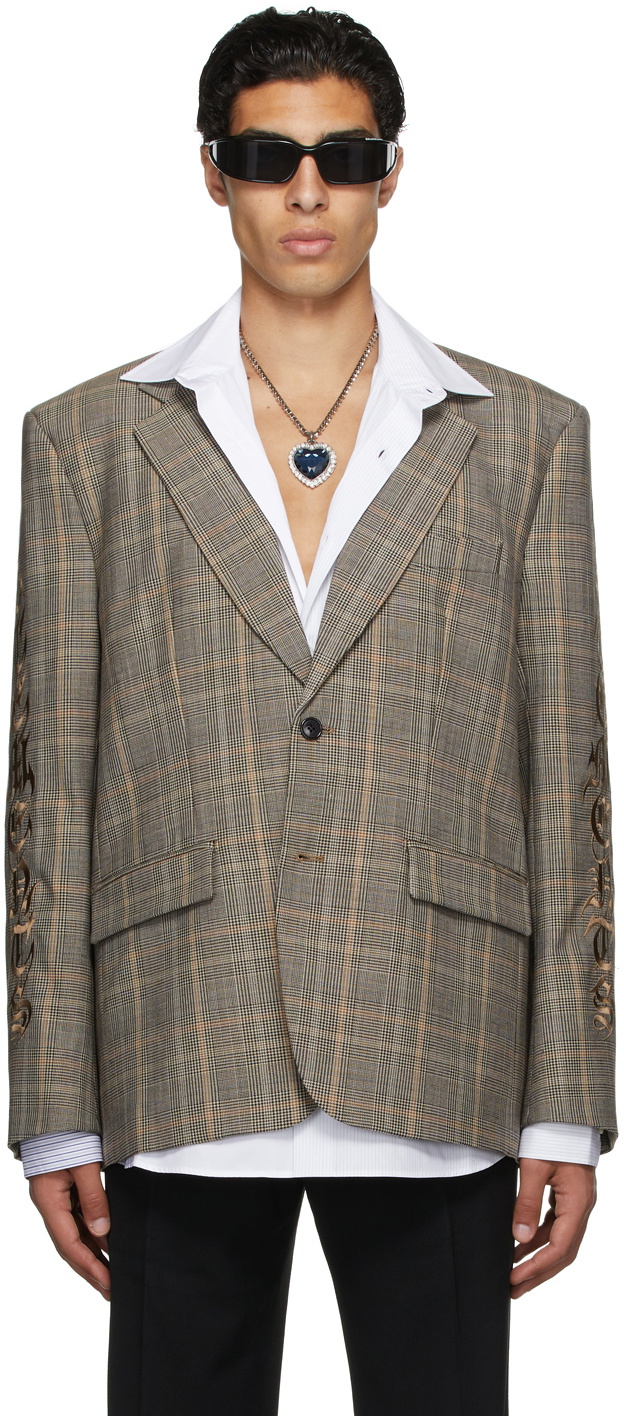 ジャケット・アウター VETEMENTS GOTHIC LOGO EMBROIDERED JACKET VETEMENTS Tan Embroidered Gothic Logo Blazer Vetements