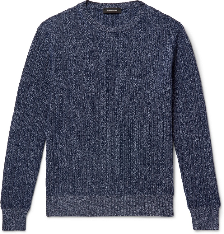 Photo: Ermenegildo Zegna - Cable-Knit Mélange Cashmere and Cotton-Blend Sweater - Blue