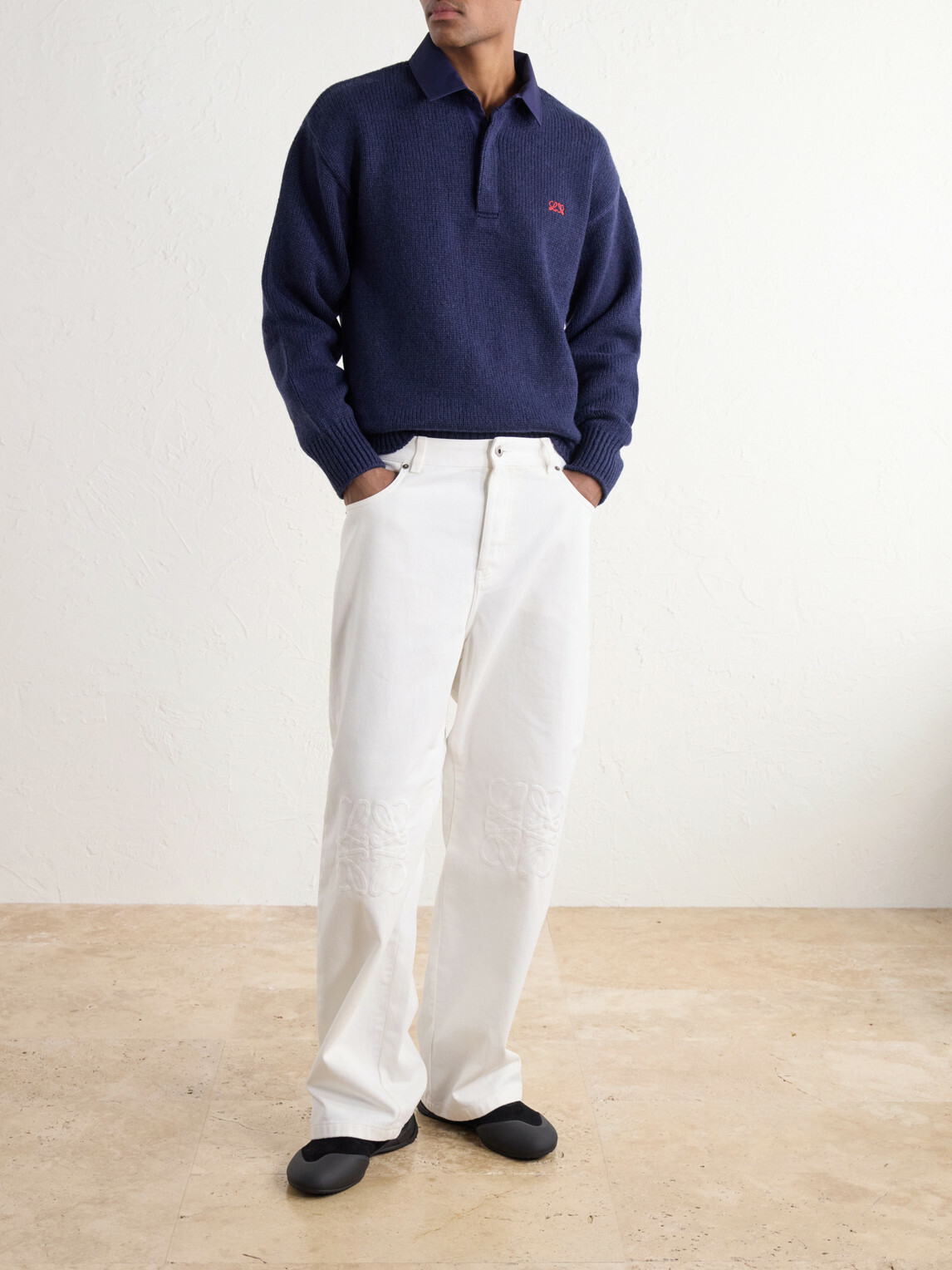 LOEWE - Logo-Embroidered Cotton Twill-Trimmed Wool-Blend Polo Sweater - Blue
