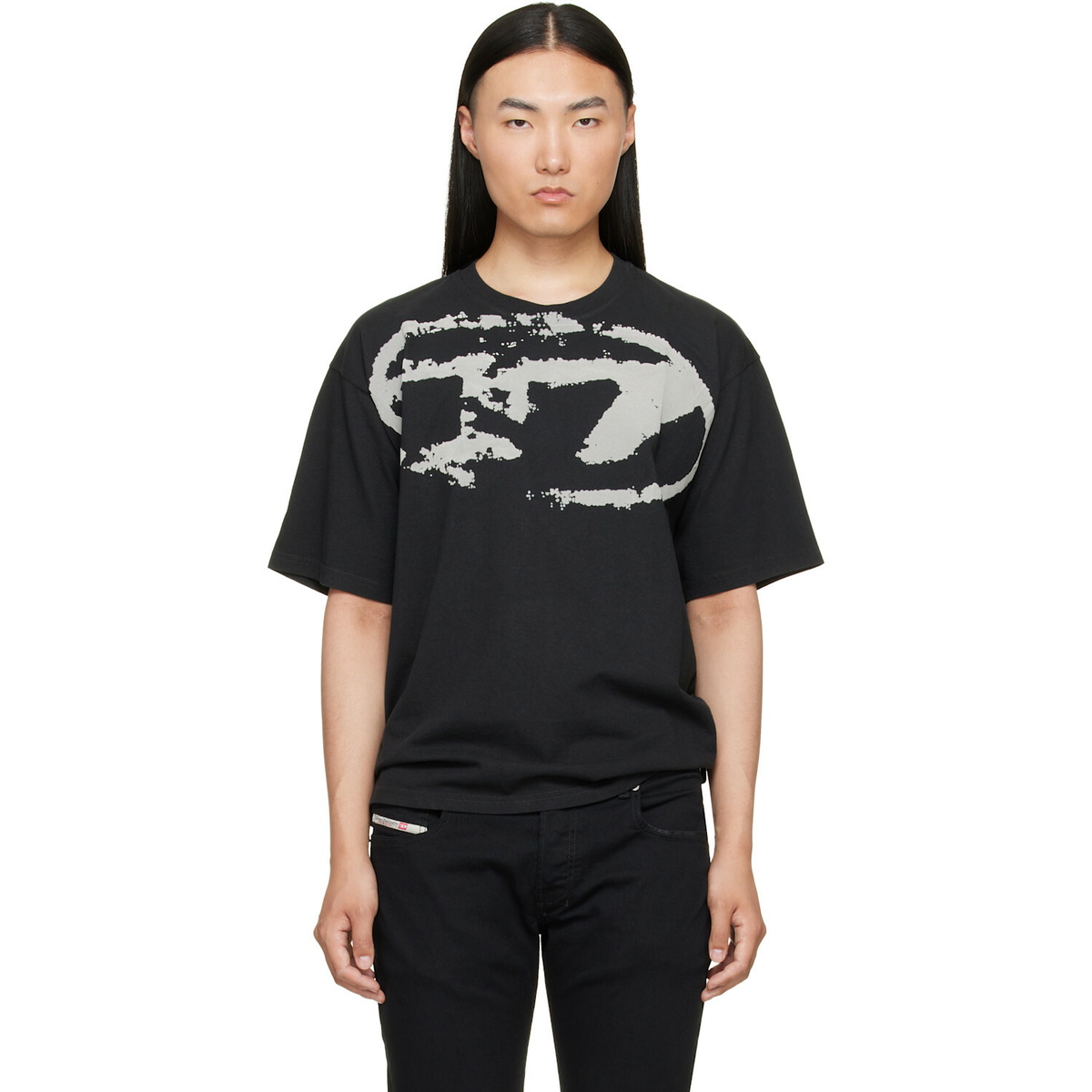 Diesel Black Distressed Flocked Logo T-shirt