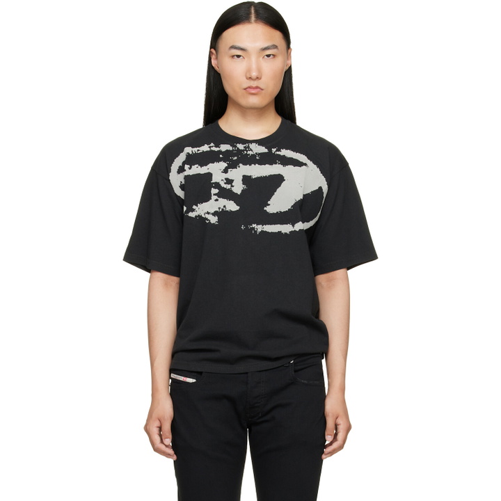 Photo: Diesel Black Distressed Flocked Logo T-shirt