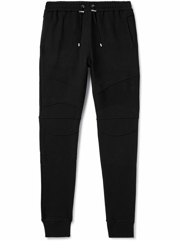 Photo: Balmain - Skinny Logo-Flocked Panelled Cotton-Jersey Sweatpants - Black
