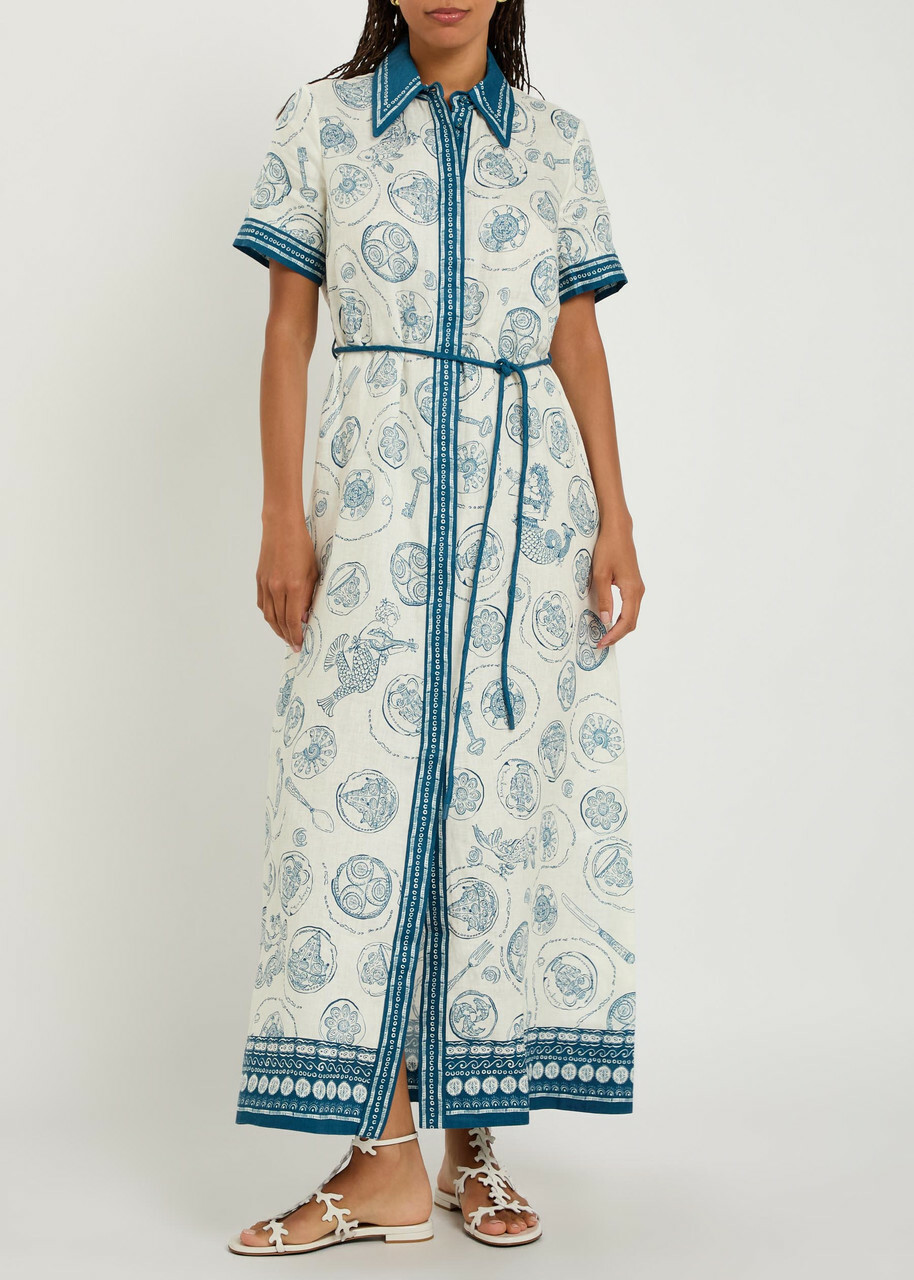 Alemais Lucky Printed Linen Midi Shirt Dress Ivory