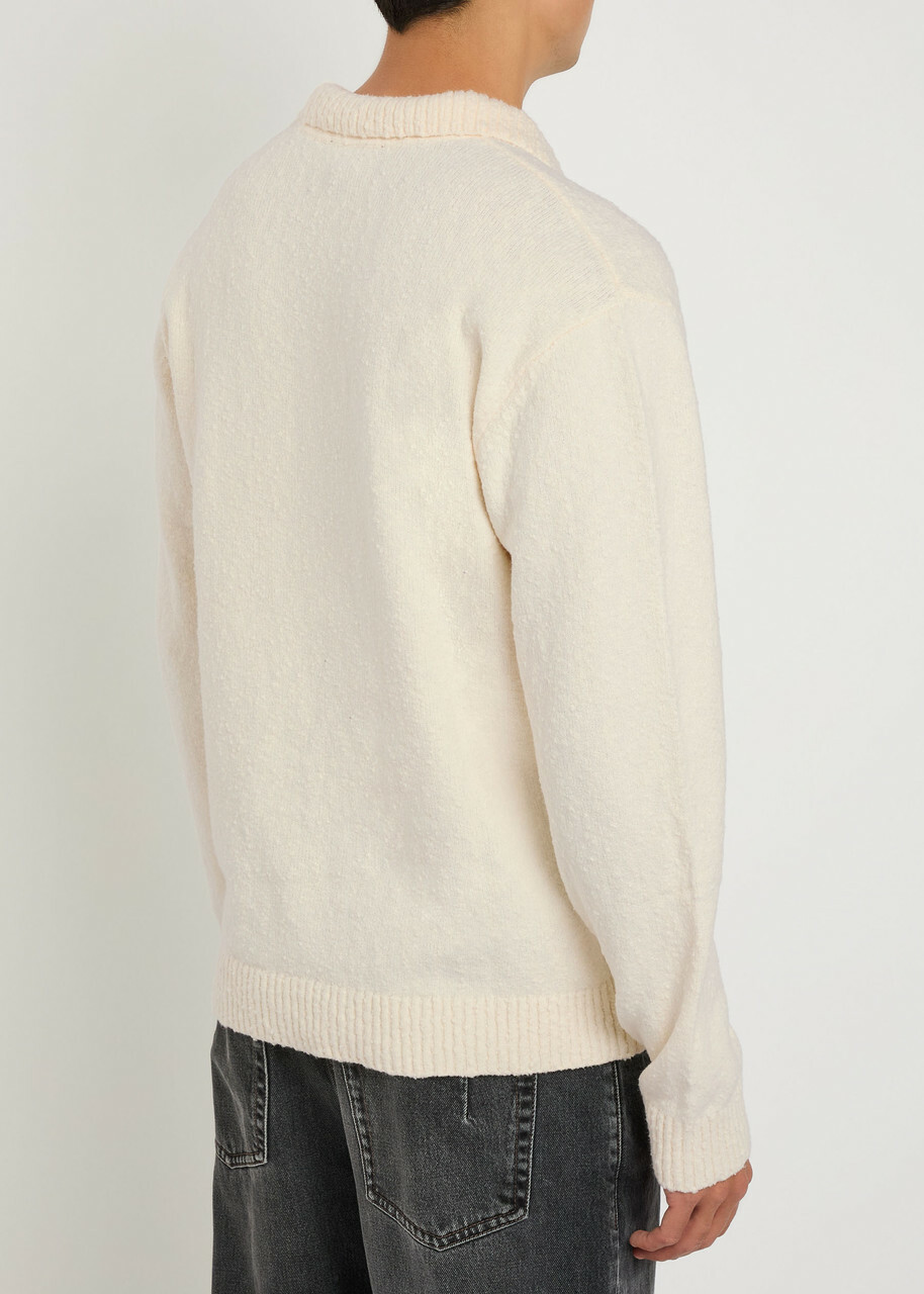 Represent Knitted Logo Bouclé Polo Jumper White