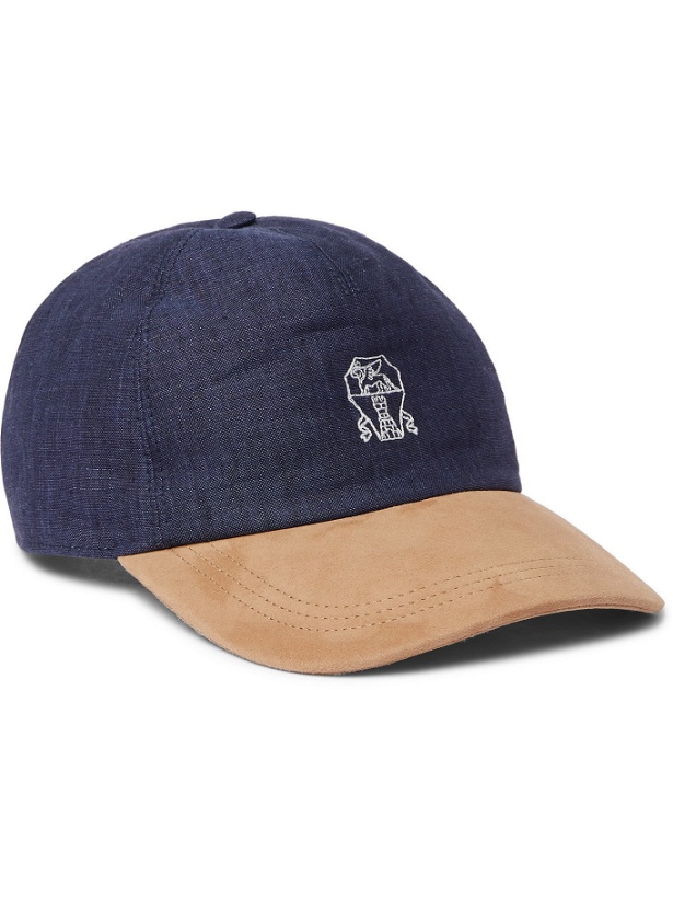 Photo: BRUNELLO CUCINELLI - Logo-Embroidered Linen and Suede Baseball Cap - Blue
