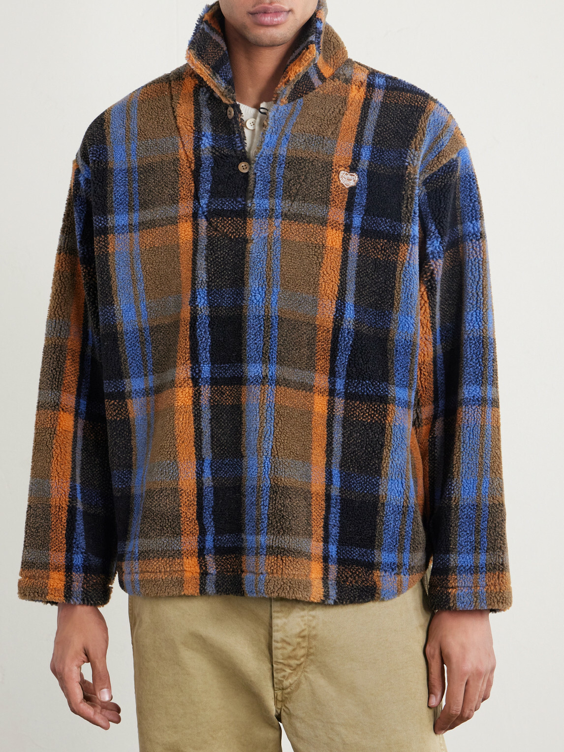 Human Made - Logo-Embroidered Appliquéd Checked Fleece Sweater - Brown