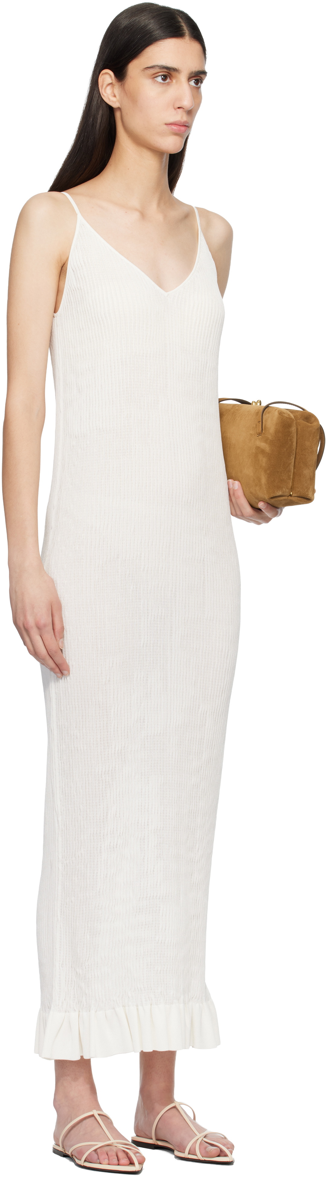 Jil Sander Off-White Smocked Fine Rib Frill Detail Maxi Dress