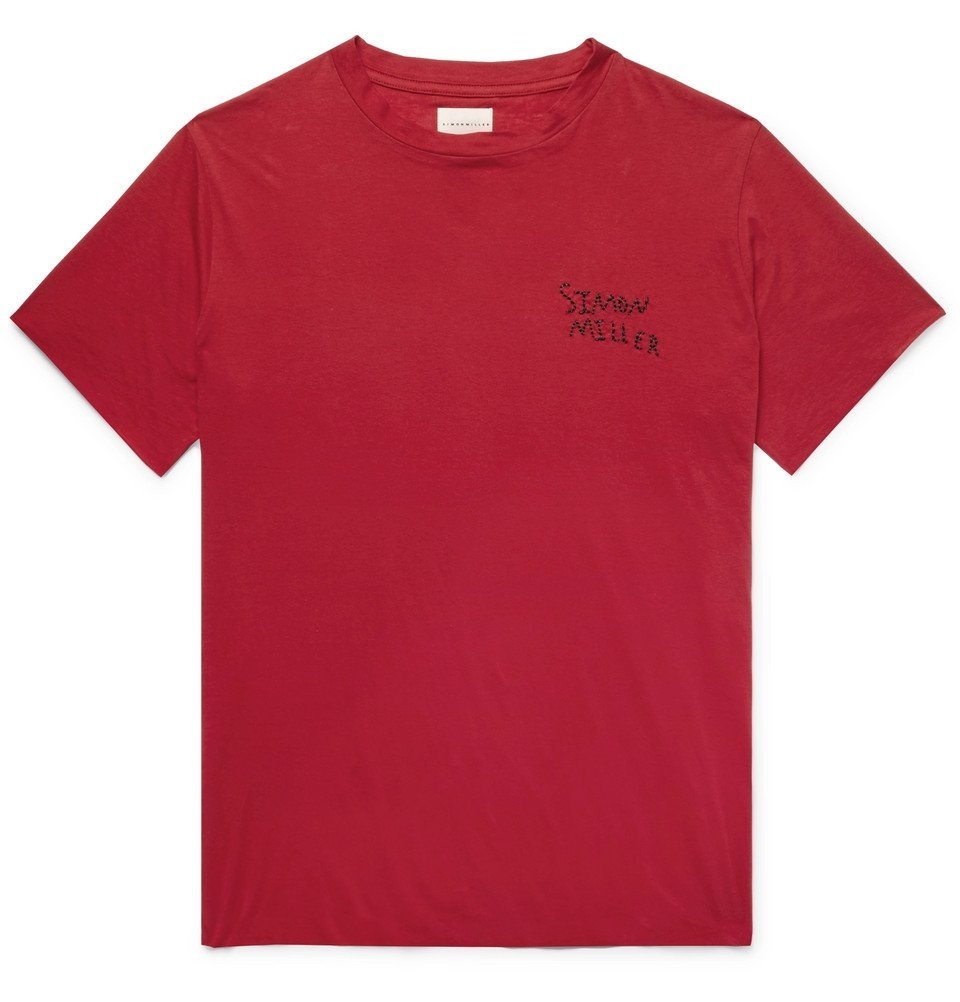Photo: SIMON MILLER - Logo-Embroidered Cotton and Silk-Blend T-Shirt - Men - Red
