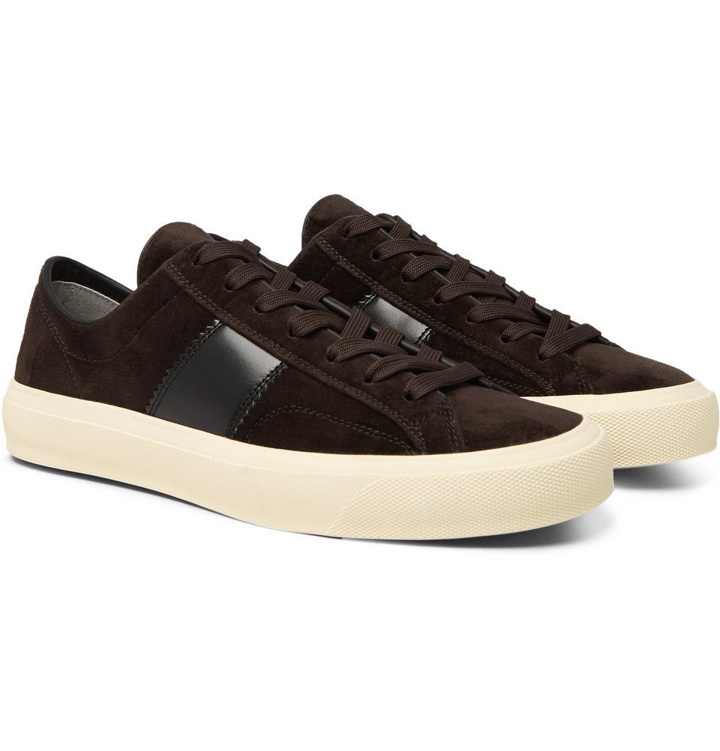 Photo: TOM FORD - Cambridge Leather-Trimmed Velvet Sneakers - Brown
