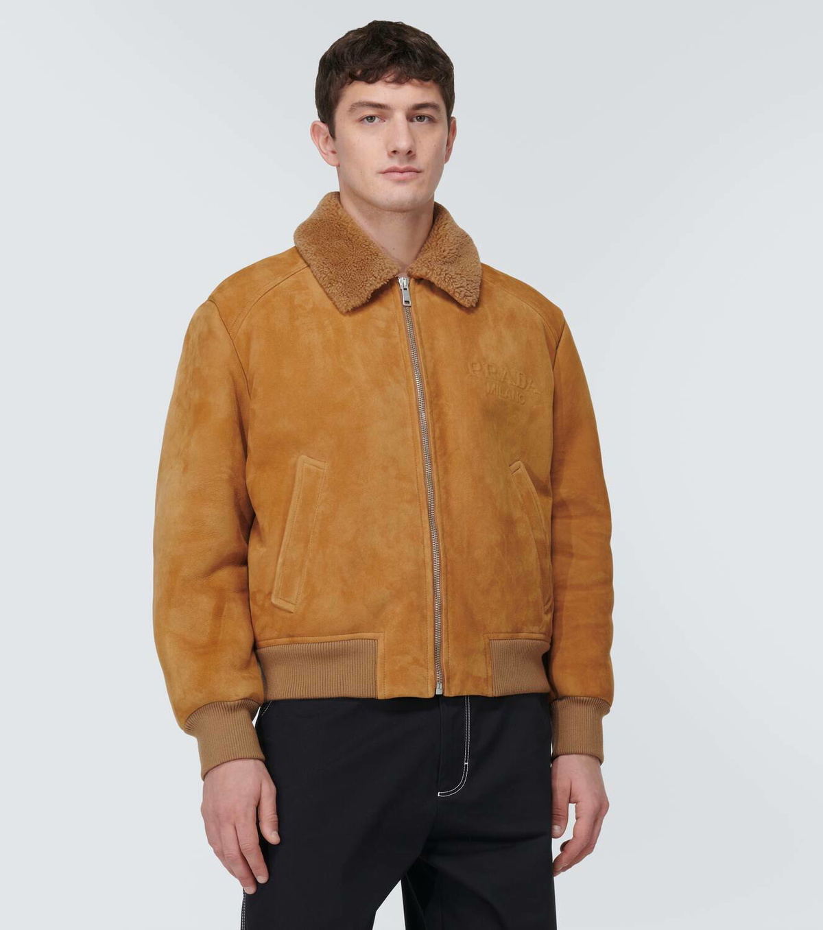 Prada Shearling-trimmed suede bomber jacket Prada