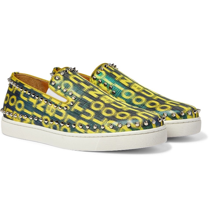 Photo: CHRISTIAN LOUBOUTIN - Pik Boat Spiked Glittered Logo-Print Canvas Slip-On Sneakers - Yellow