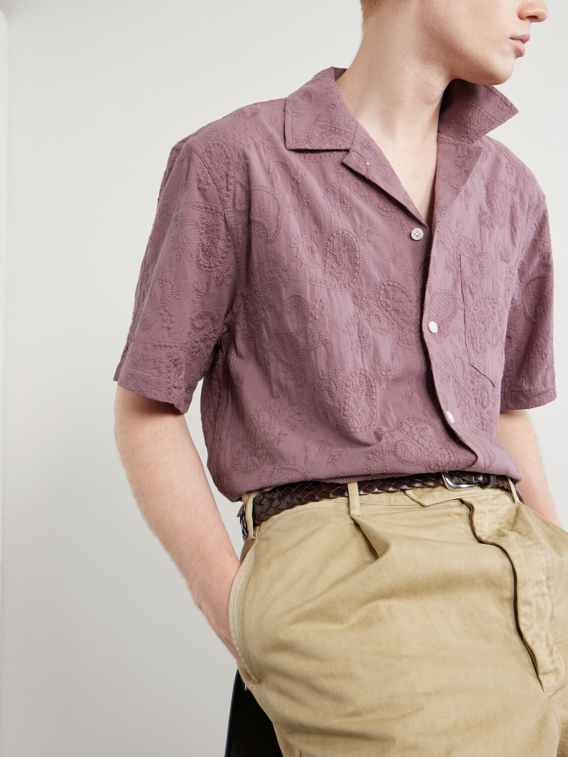 Corridor - Camp Collar Paisley-Embroidered Cotton Shirt - Purple