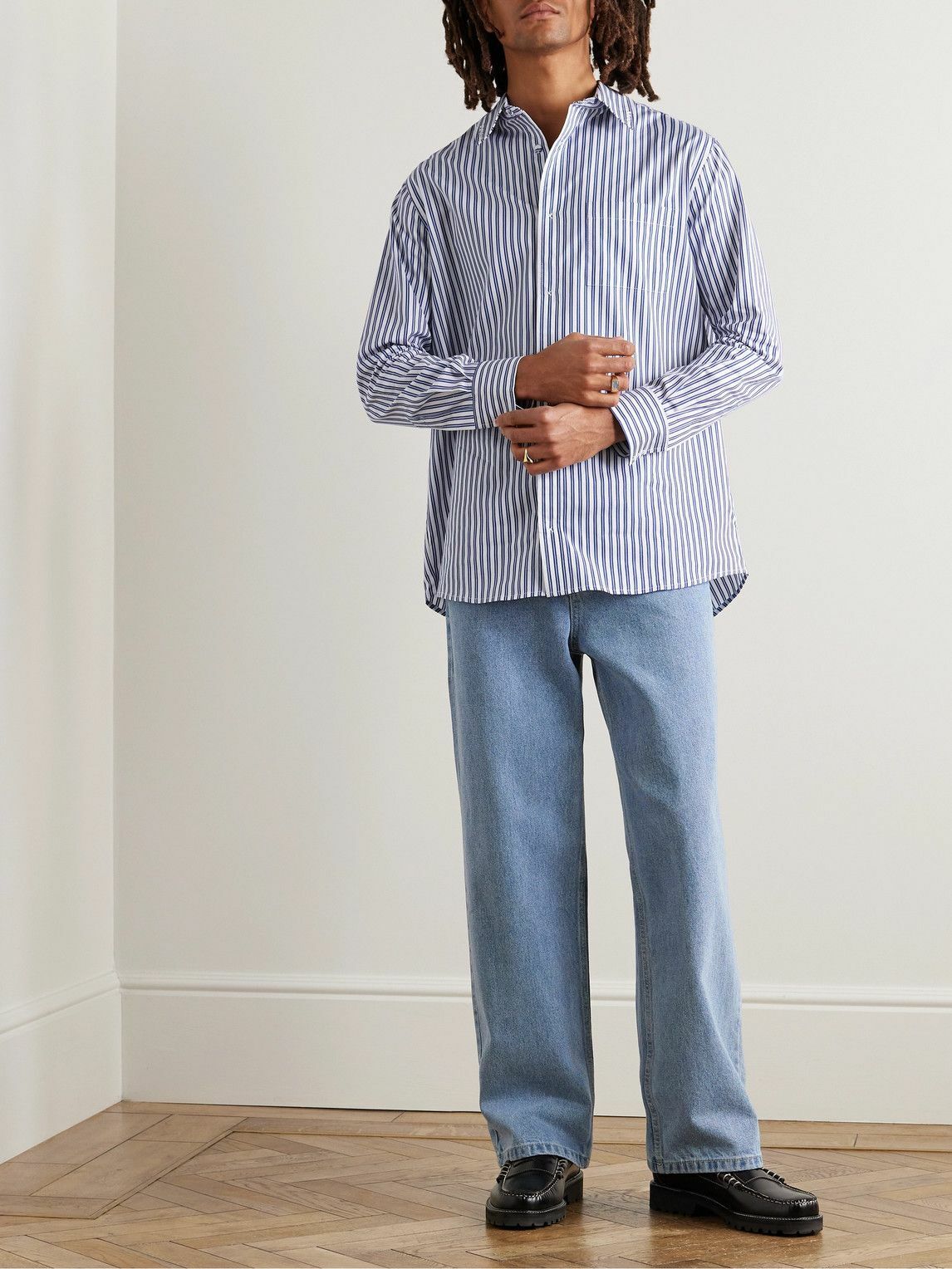 MANAAKI - Mahi Embroidered Striped Cotton-Poplin Shirt - Blue