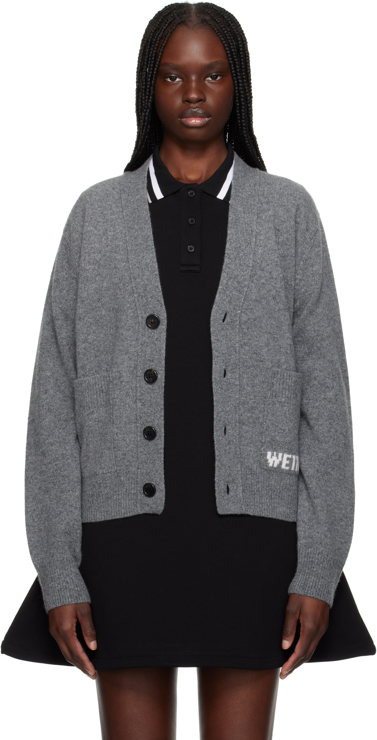 We11done Gray Pocket Logo Knit Cardigan