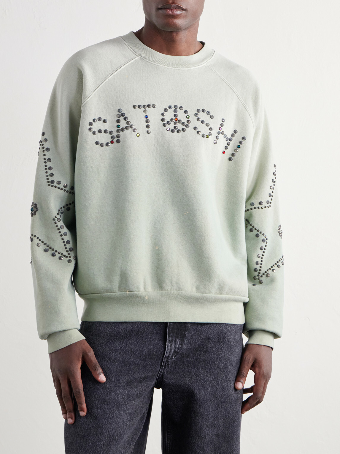 Satoshi Nakamoto - Distressed Studded Cotton-Jersey Sweatshirt - Green