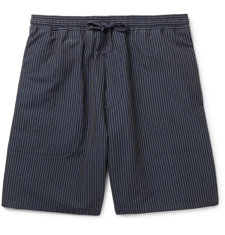 Photo: YMC - Striped Cotton and Linen-Blend Drawstring Shorts - Blue