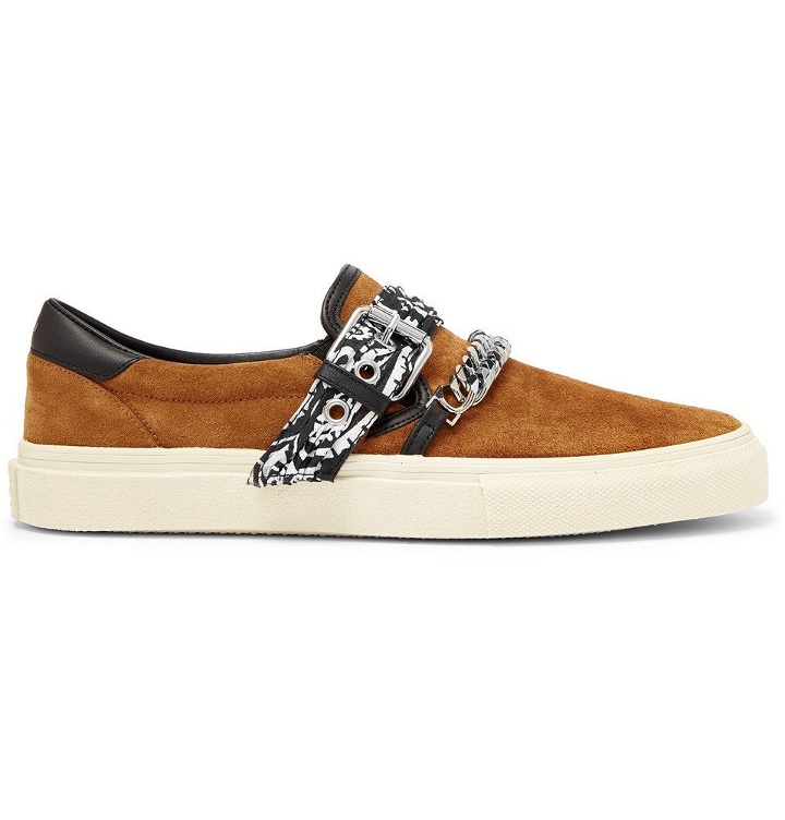 Photo: AMIRI - Embellished Leather-Trimmed Suede Slip-On Sneakers - Brown