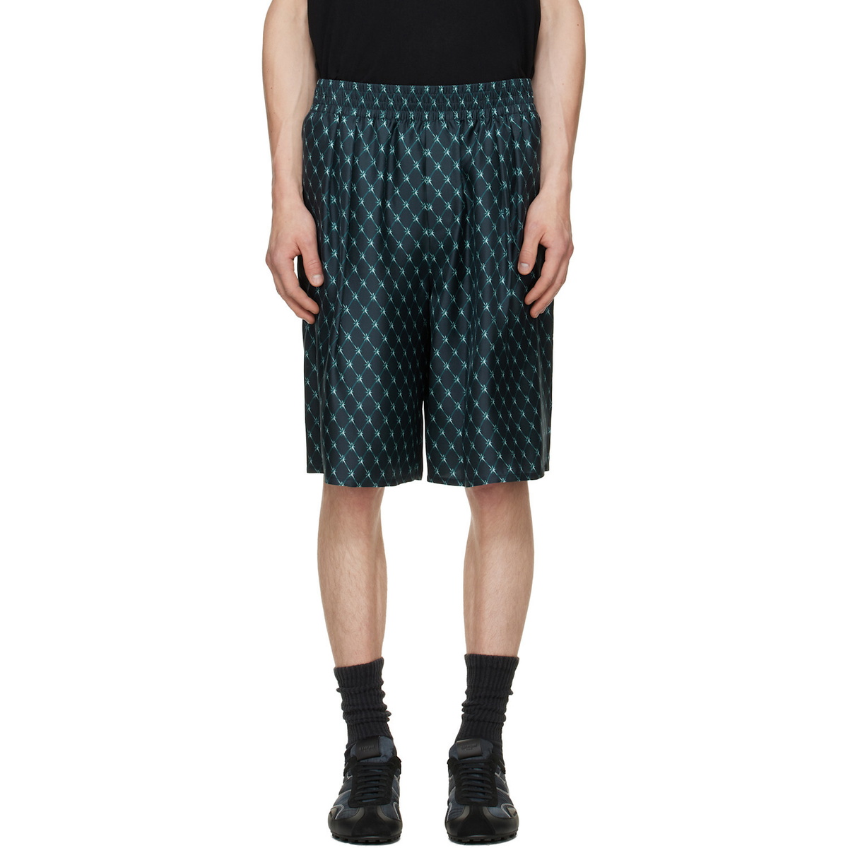 BALMAIN Blue Grid Print Silk Loose Pyjama Shorts